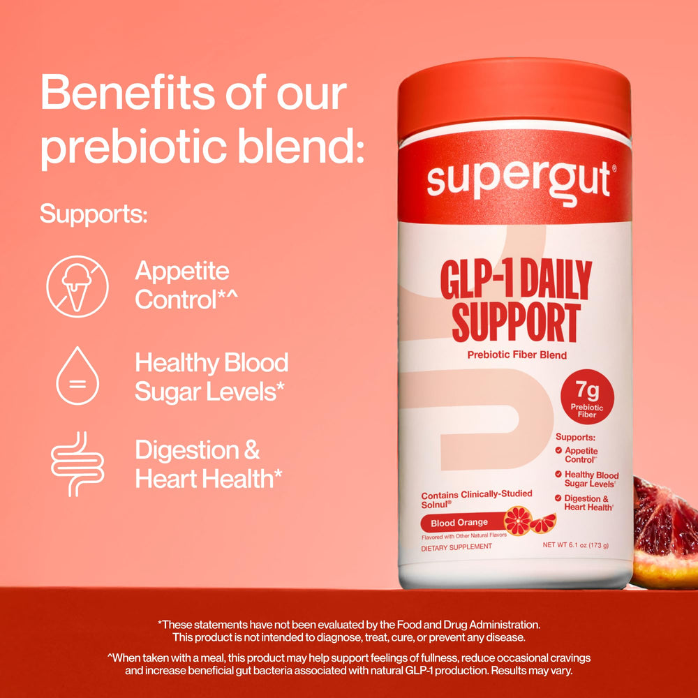 Supergut GLP-1 Daily Support scoop close-up aids fiber intake.