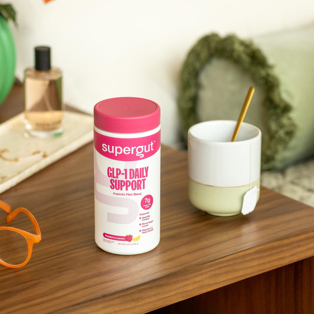 Supergut GLP1 Daily Support bottle neatly stored on kitchen shelf for daily routine