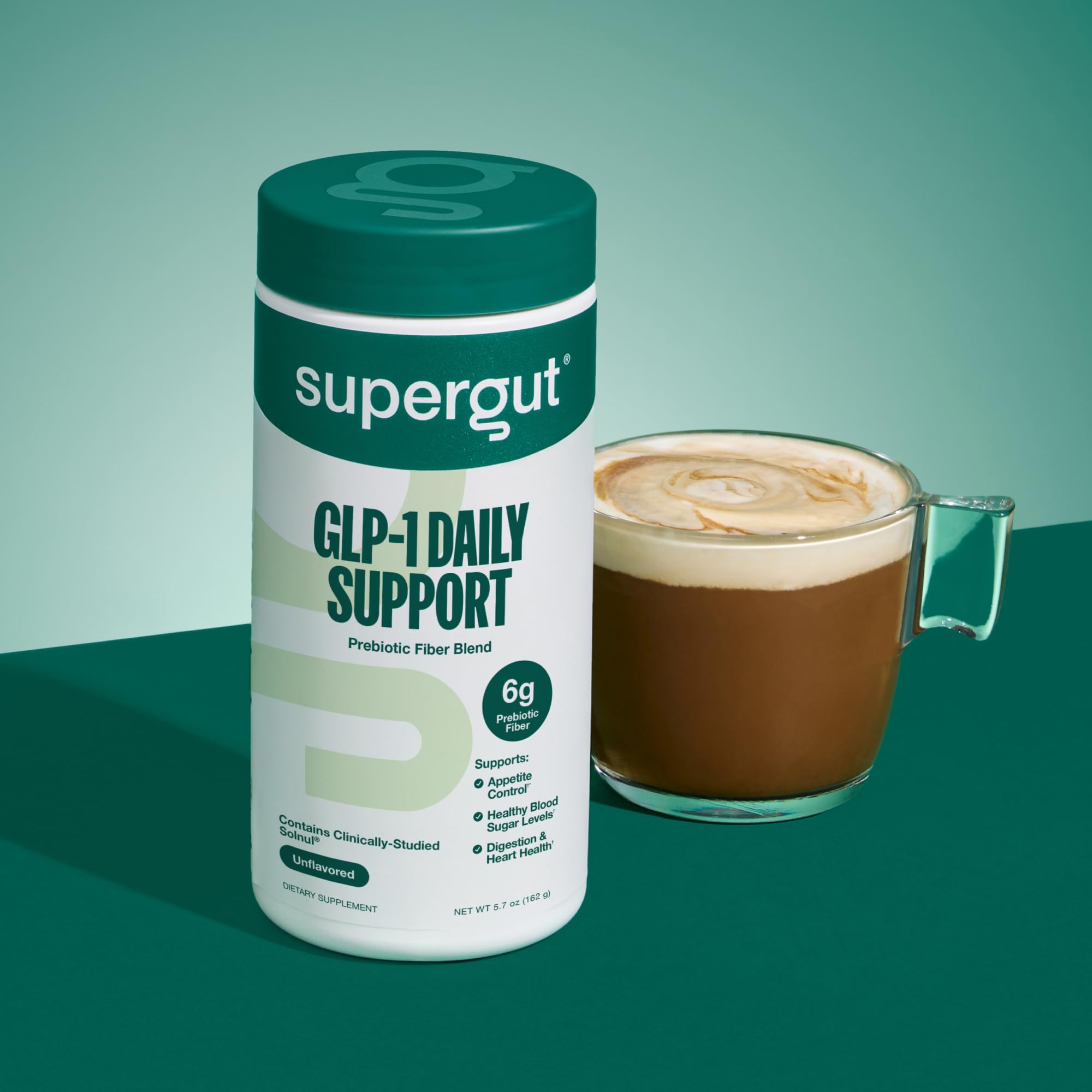 Kitchen shelf with Supergut GLP-1 Daily Support packaging for everyday use.