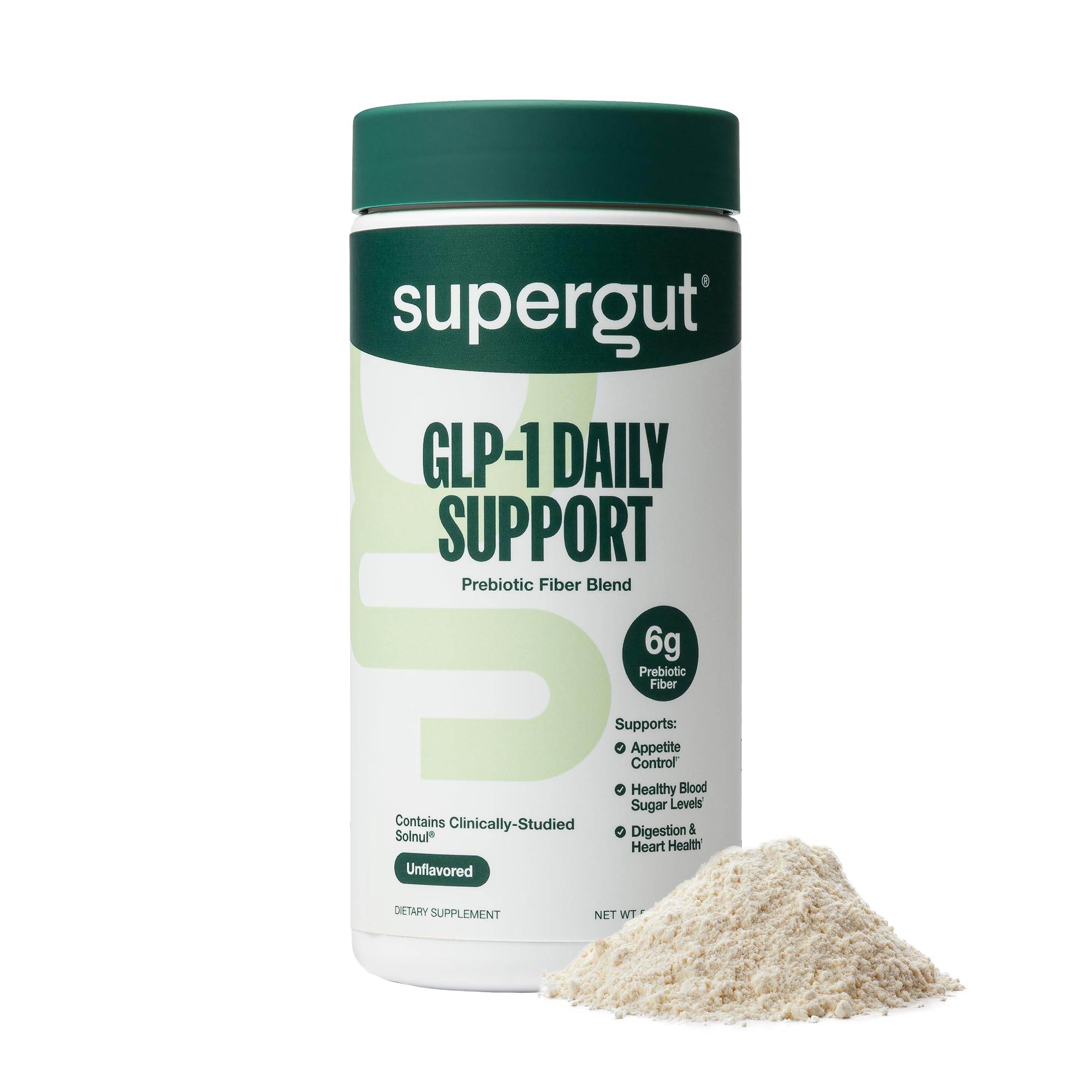 Supergut GLP-1 Daily Support tub close-up highlighting the label and fiber-rich powder for gut health.
