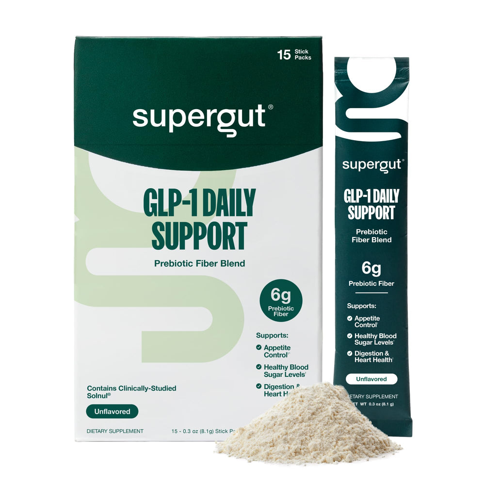 Supergut GLP1 Daily Support tub front highlighting high-fiber sugar-free gut health