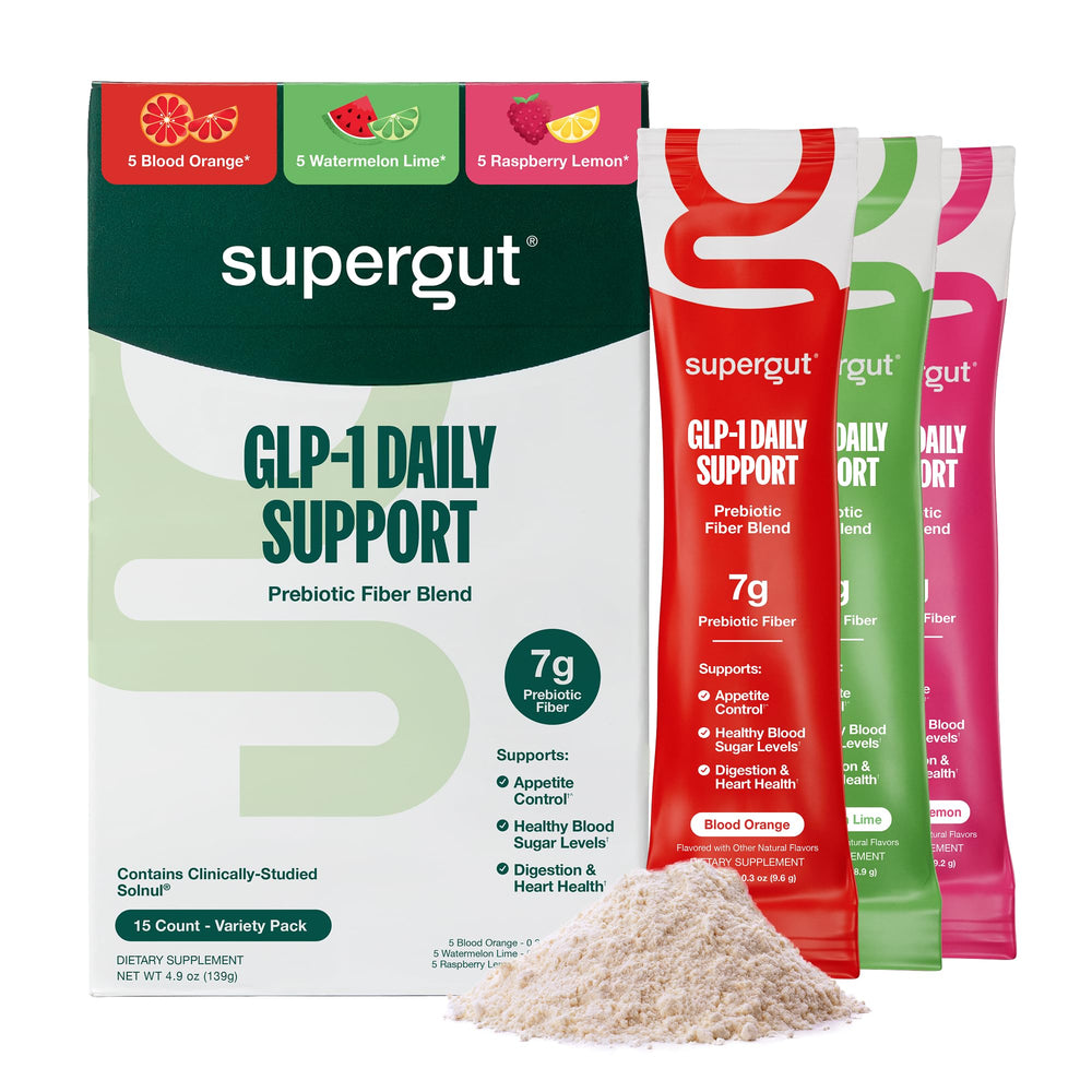 Supergut GLP-1 Variety Pack bottle for daily fiber and digestion support.