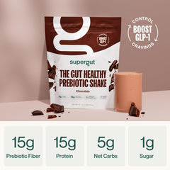 Supergut bottle label showing chocolate flavor and no added sugar