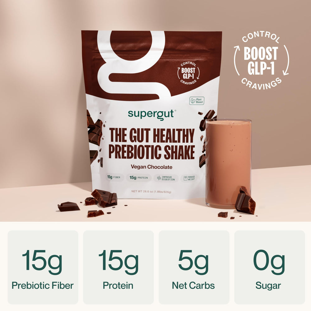 Pouring Supergut shake shows quick meal replacement on the go
