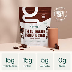 Pouring Supergut shake shows quick meal replacement on the go