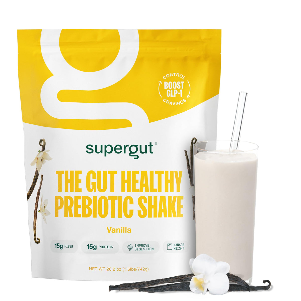 Supergut Prebiotic Shakes Vanilla in glass, creamy meal replacement