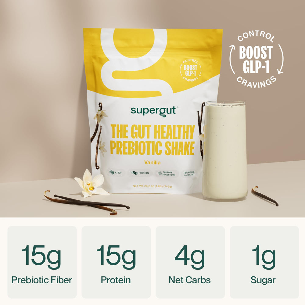 Supergut vanilla shake powder in resealable pouch