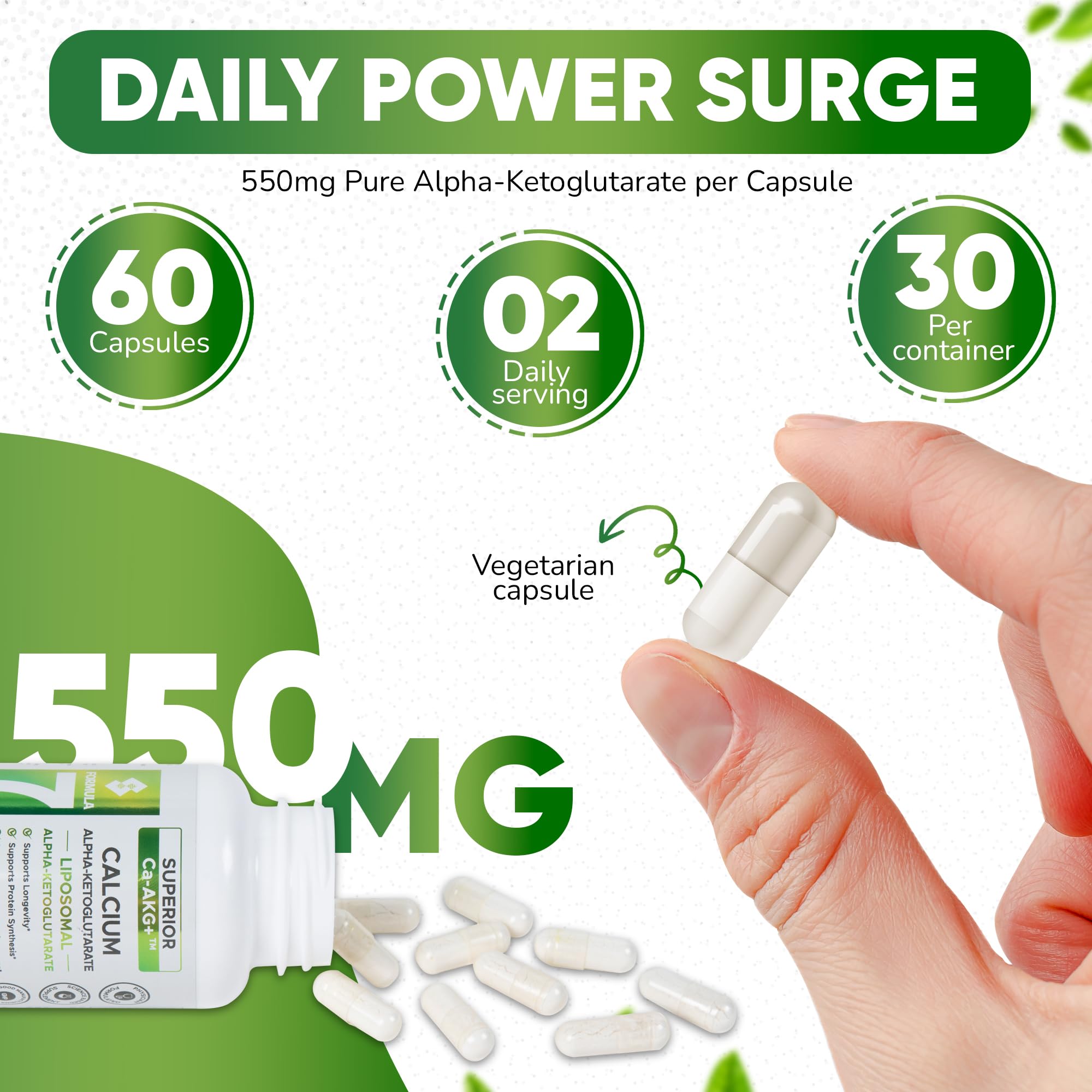 Daily-dose pill image suggesting 550mg AKG per capsule for routine use.