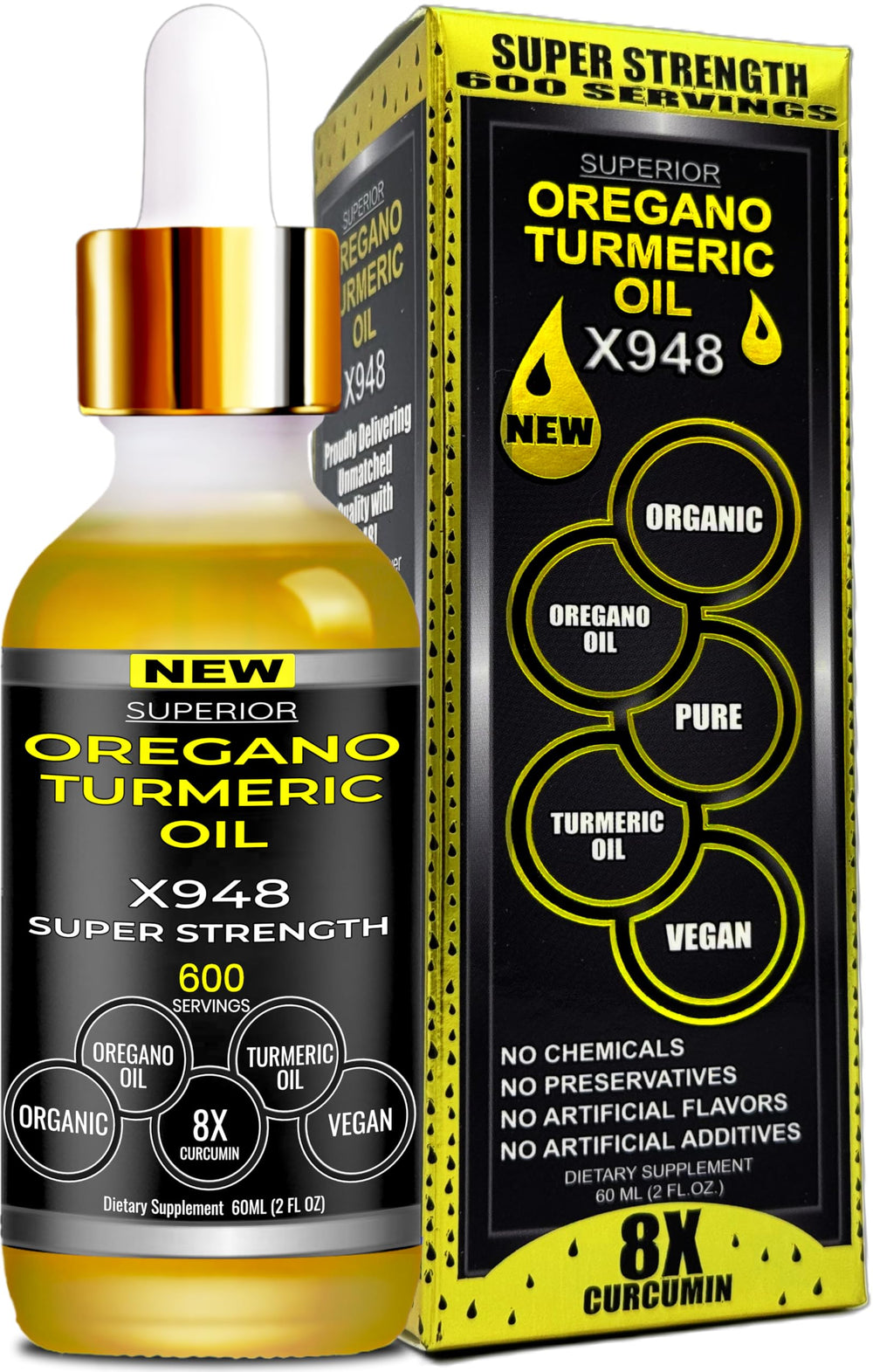 SUPERIOR FULVIC HUMIC X935 oil of oregano with turmeric oil bottle pour for easy daily dosing.