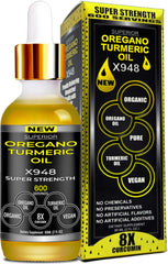 SUPERIOR FULVIC HUMIC X935 oil of oregano with turmeric oil bottle pour for easy daily dosing.