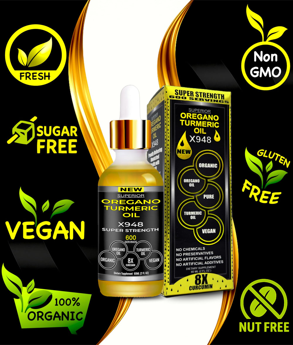 SUPERIOR FULVIC HUMIC X935 oil of oregano with turmeric oil glass dropper for precise servings.