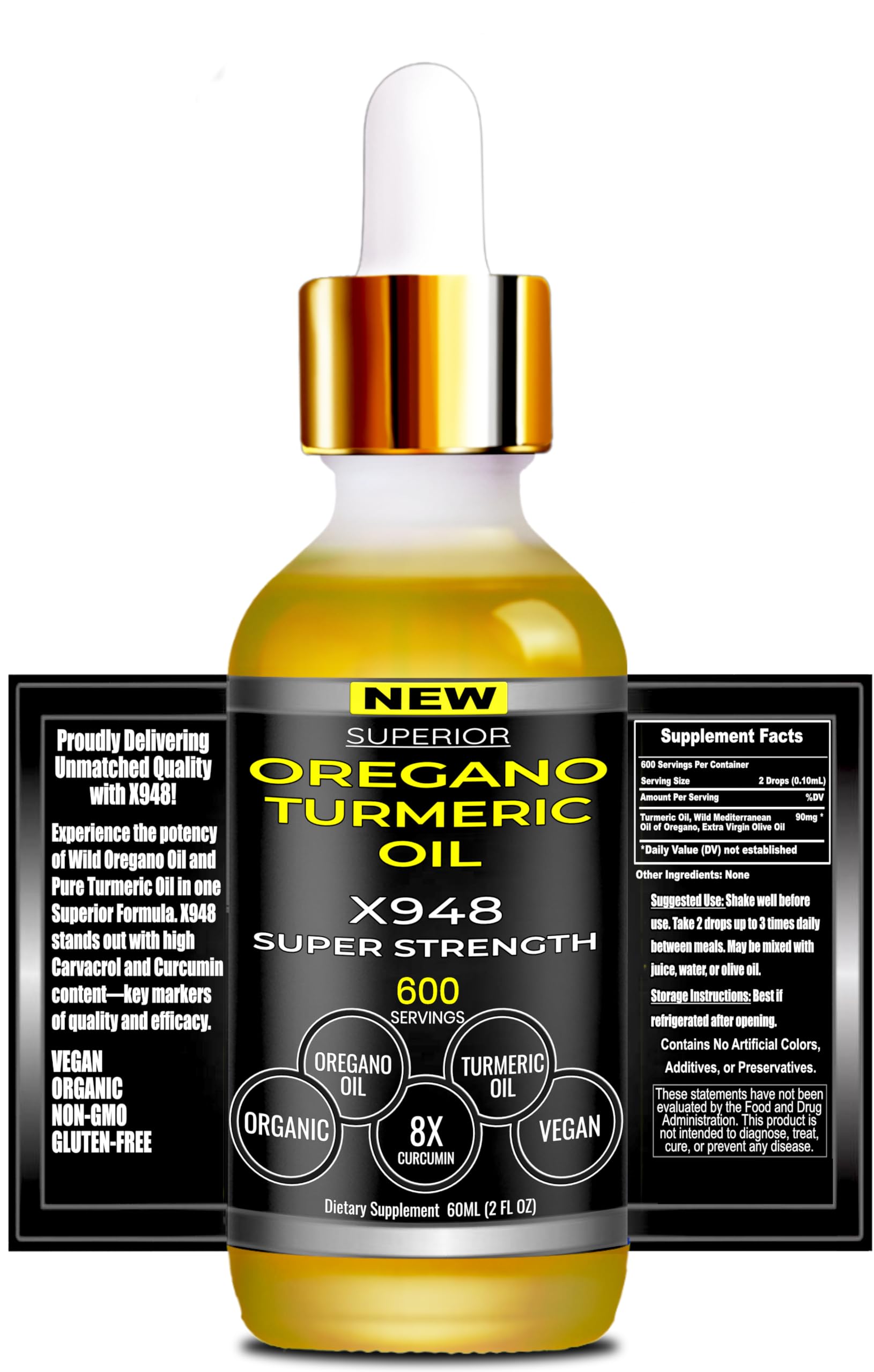 SUPERIOR FULVIC HUMIC X935 oil of oregano with turmeric oil label close-up emphasizes purity.