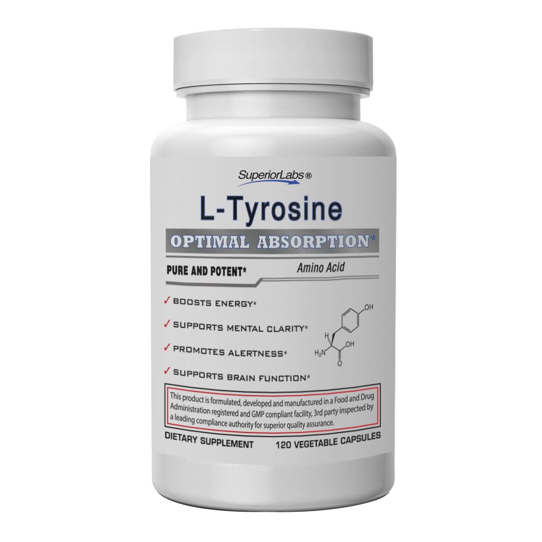 Superior Labs L-Tyrosine 500mg bottle highlights purity and focus support