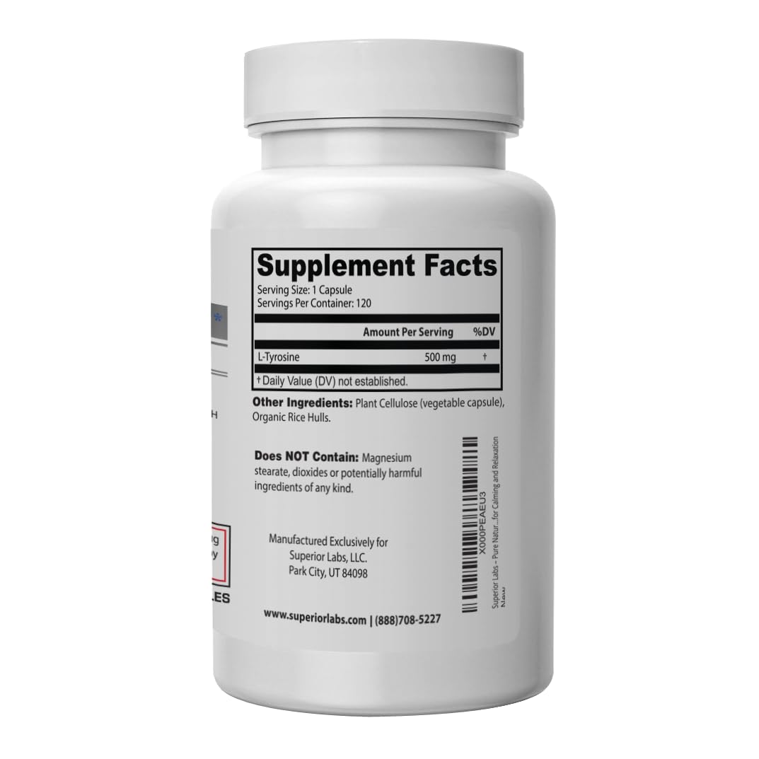 Superior Labs L-Tyrosine bottle label emphasizes purity and product details