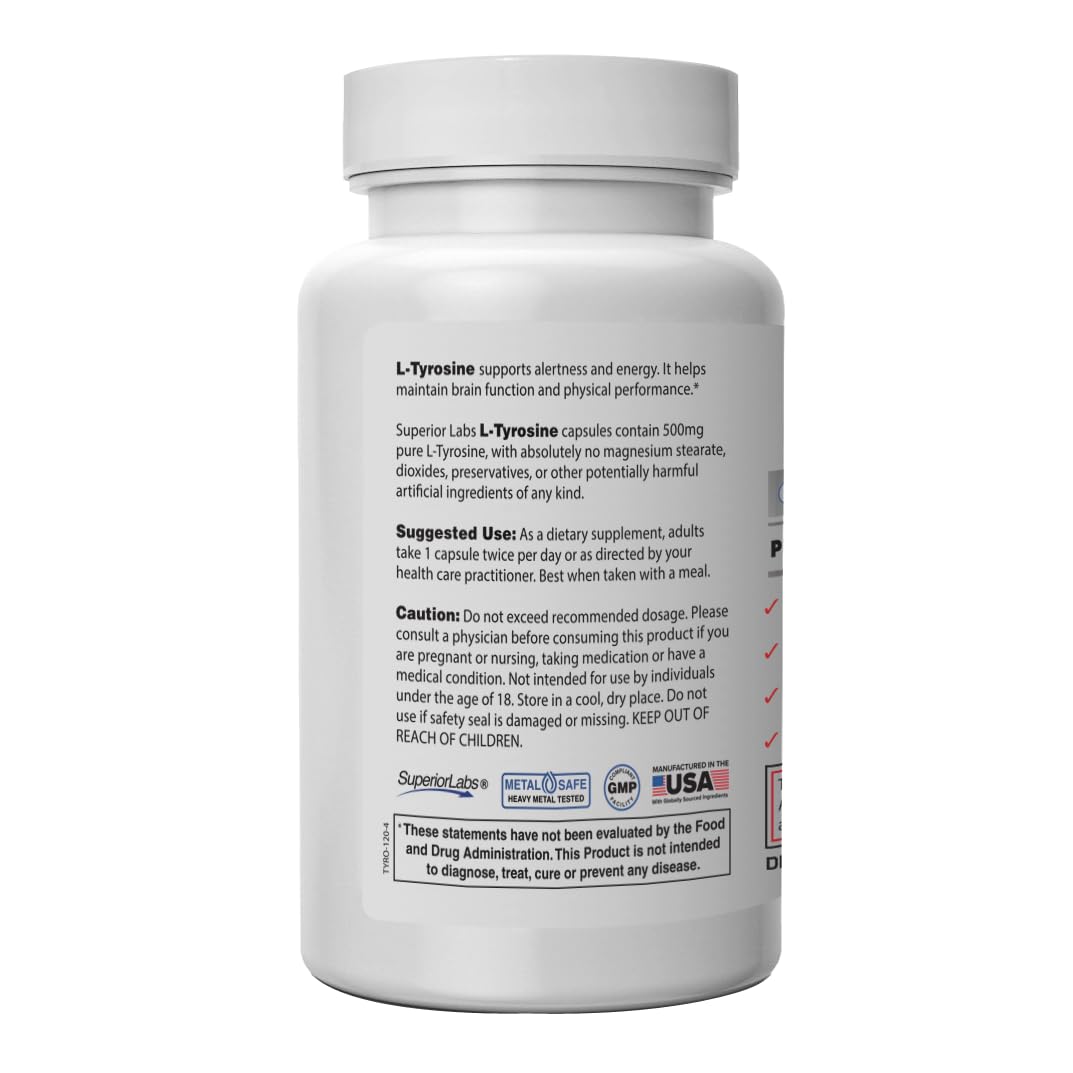 Superior Labs L-Tyrosine capsules close-up shows easy daily use