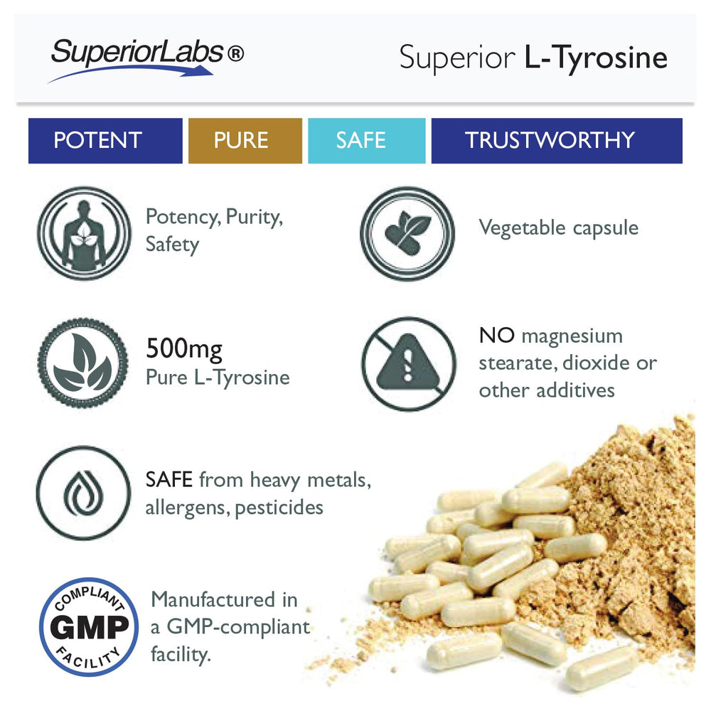 Superior Labs L-Tyrosine veggie capsules pack signals vegan, non-GMO formula
