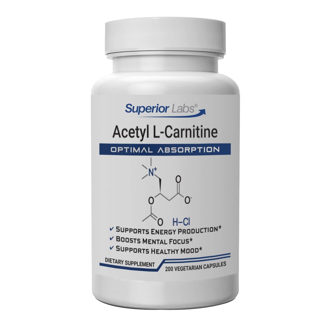 Superior Labs Acetyl L-Carnitine 500 mg bottle promotes energy and focus.