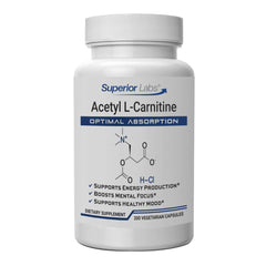 Superior Labs Acetyl L-Carnitine 500 mg bottle promotes energy and focus.