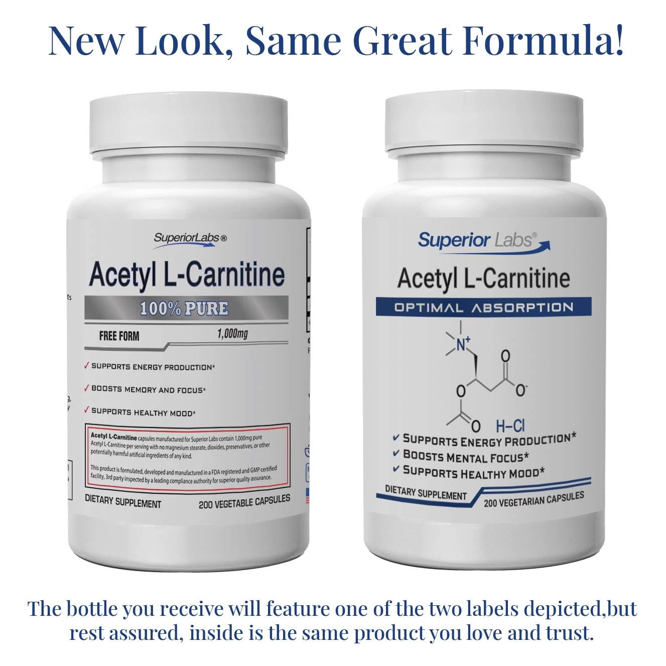 Superior Labs Acetyl L-Carnitine 500 mg capsules show clean, non-GMO formula for daily use.