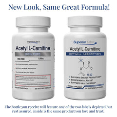 Superior Labs Acetyl L-Carnitine 500 mg capsules show clean, non-GMO formula for daily use.