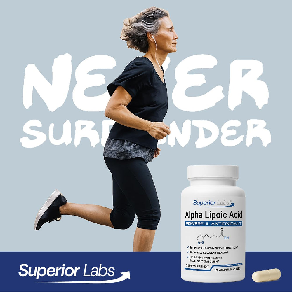 Bottle with gloss of Superior Labs Alpha Lipoic Acid 600 mg—trusted quality controls.