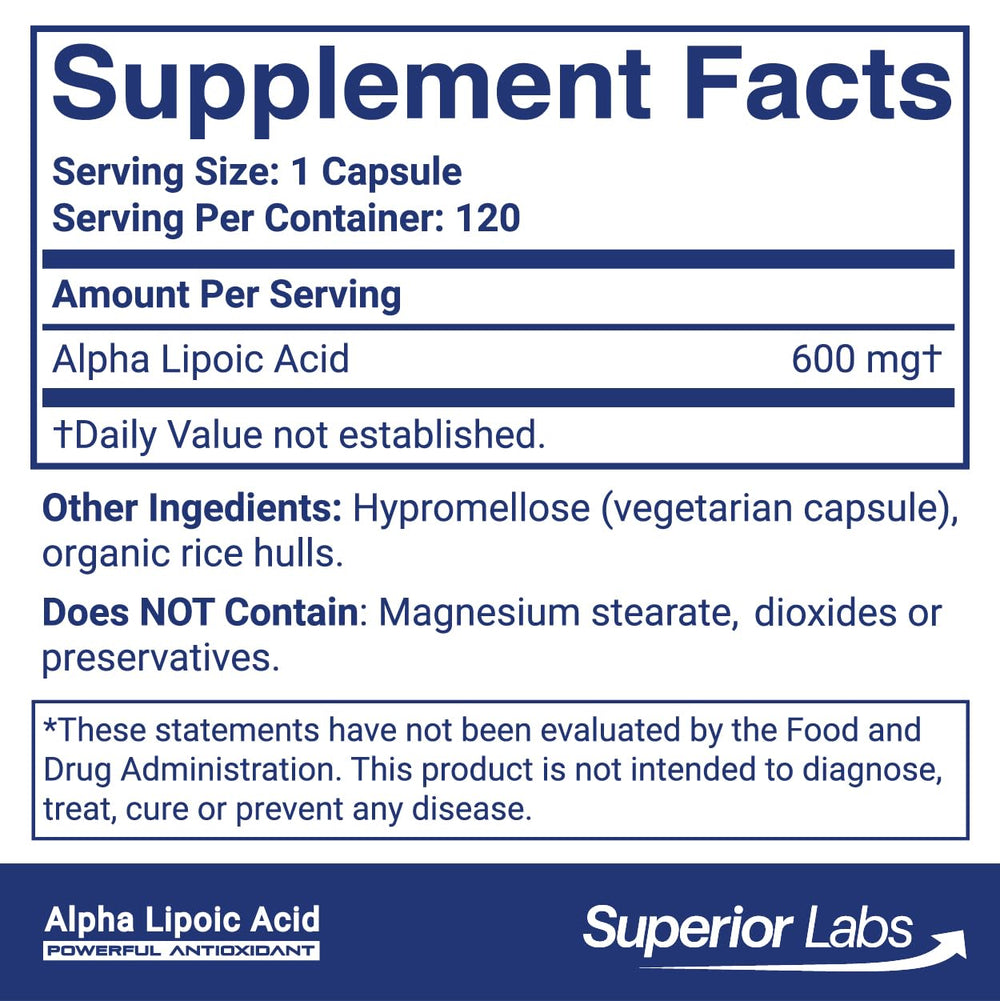 Superior Labs Alpha Lipoic Acid 600 mg capsules—high absorption for daily use.