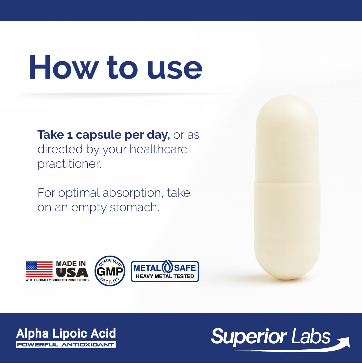 Jar close-up of Superior Labs Alpha Lipoic Acid 600 mg—rigorous purity testing.