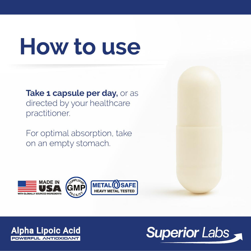 Jar close-up of Superior Labs Alpha Lipoic Acid 600 mg—rigorous purity testing.