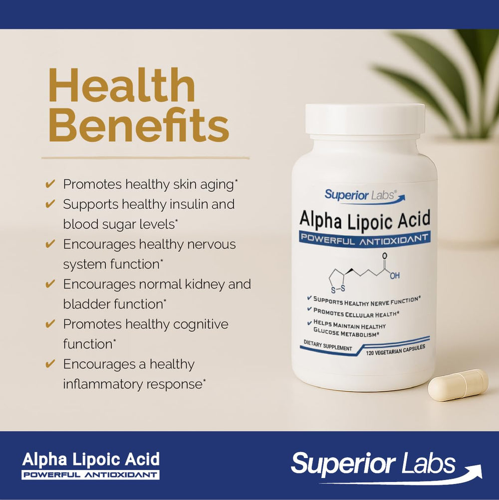 Label close-up of Superior Labs Alpha Lipoic Acid 600 mg—pure non-GMO formulation.