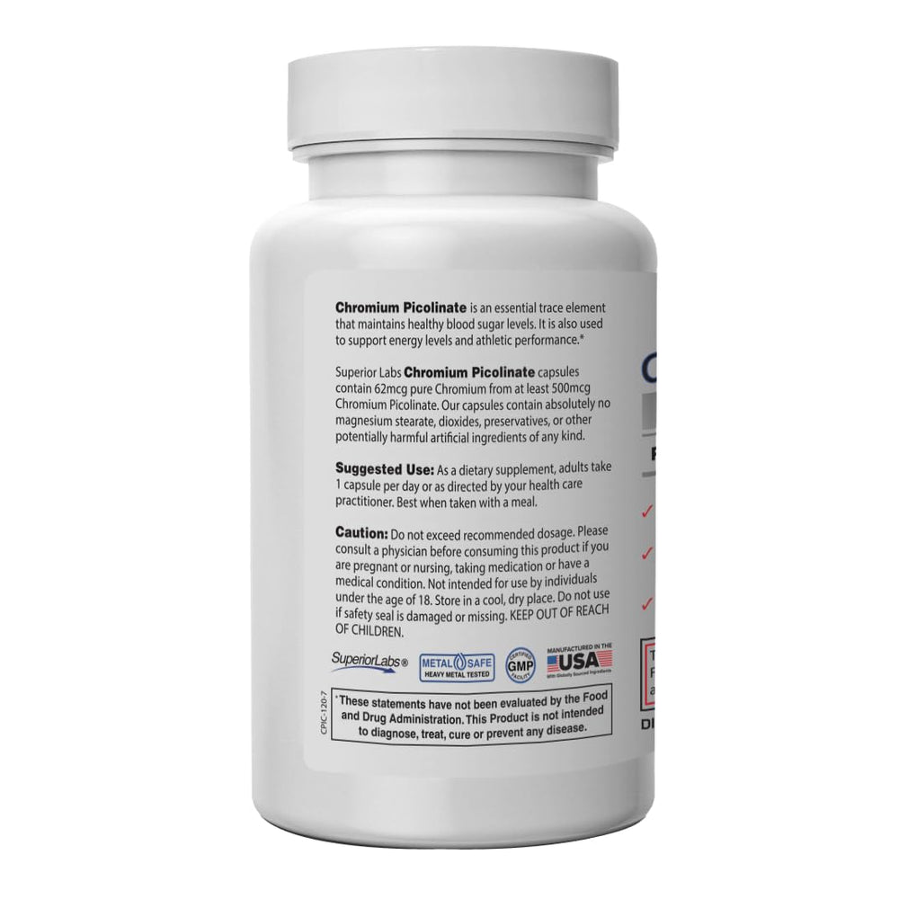 Superior Labs Chromium Picolinate veggie capsules close-up for easy swallowing
