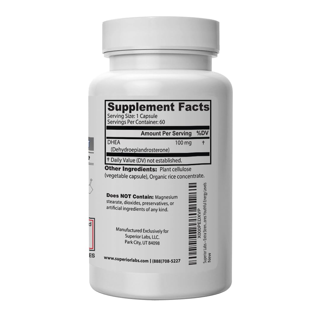 Superior Labs DHEA bottle on wood surface highlighting premium quality.