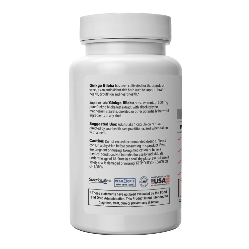 Close-up of Superior Labs Ginkgo Biloba 1200 mg capsules ready to take