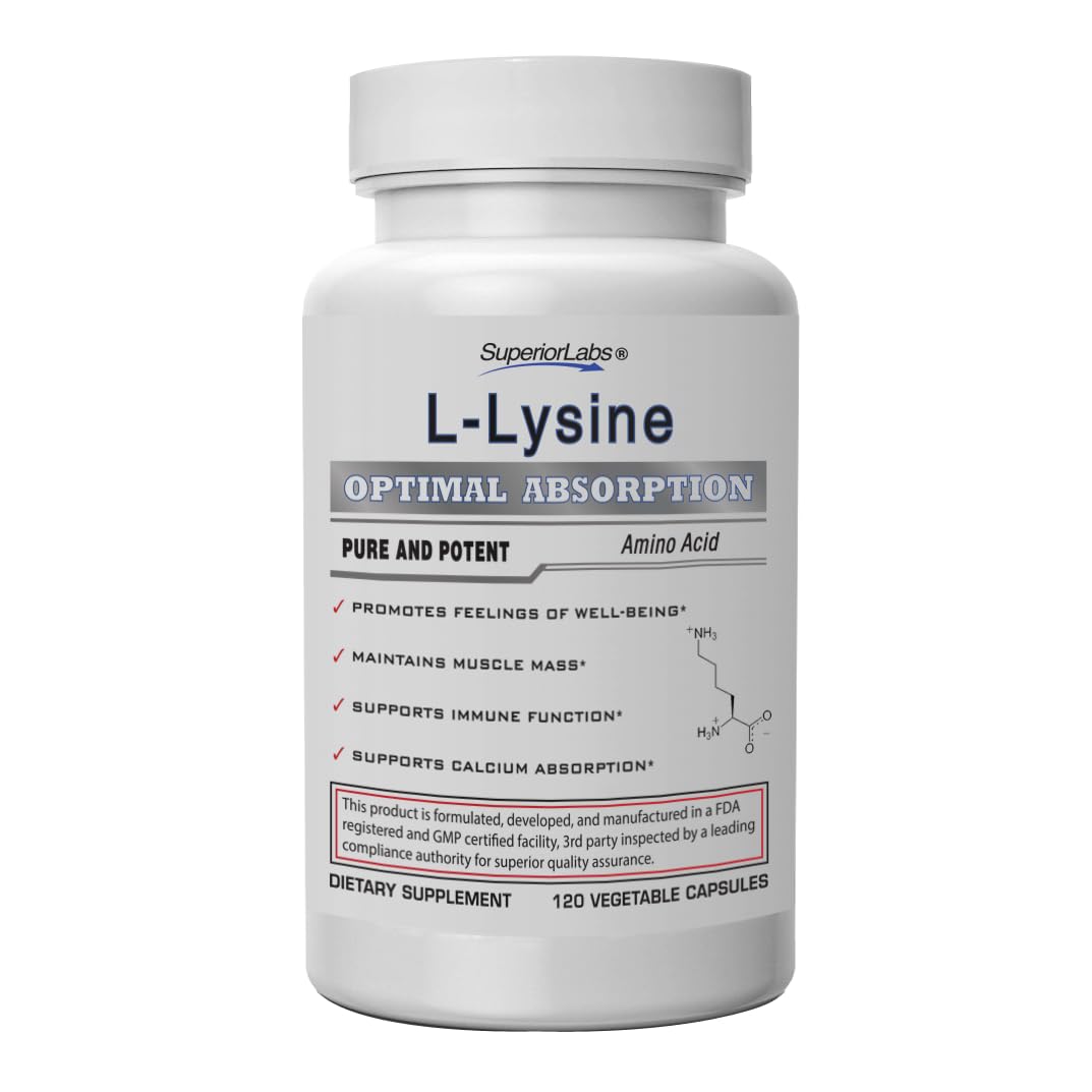 Superior Labs L-Lysine 500 mg capsules bottle closeup promotes immune support.