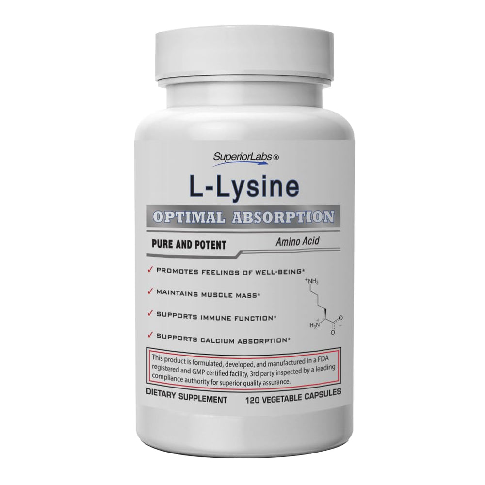 Superior Labs L-Lysine 500 mg capsules bottle closeup promotes immune support.