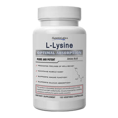 Superior Labs L-Lysine 500 mg capsules bottle closeup promotes immune support.
