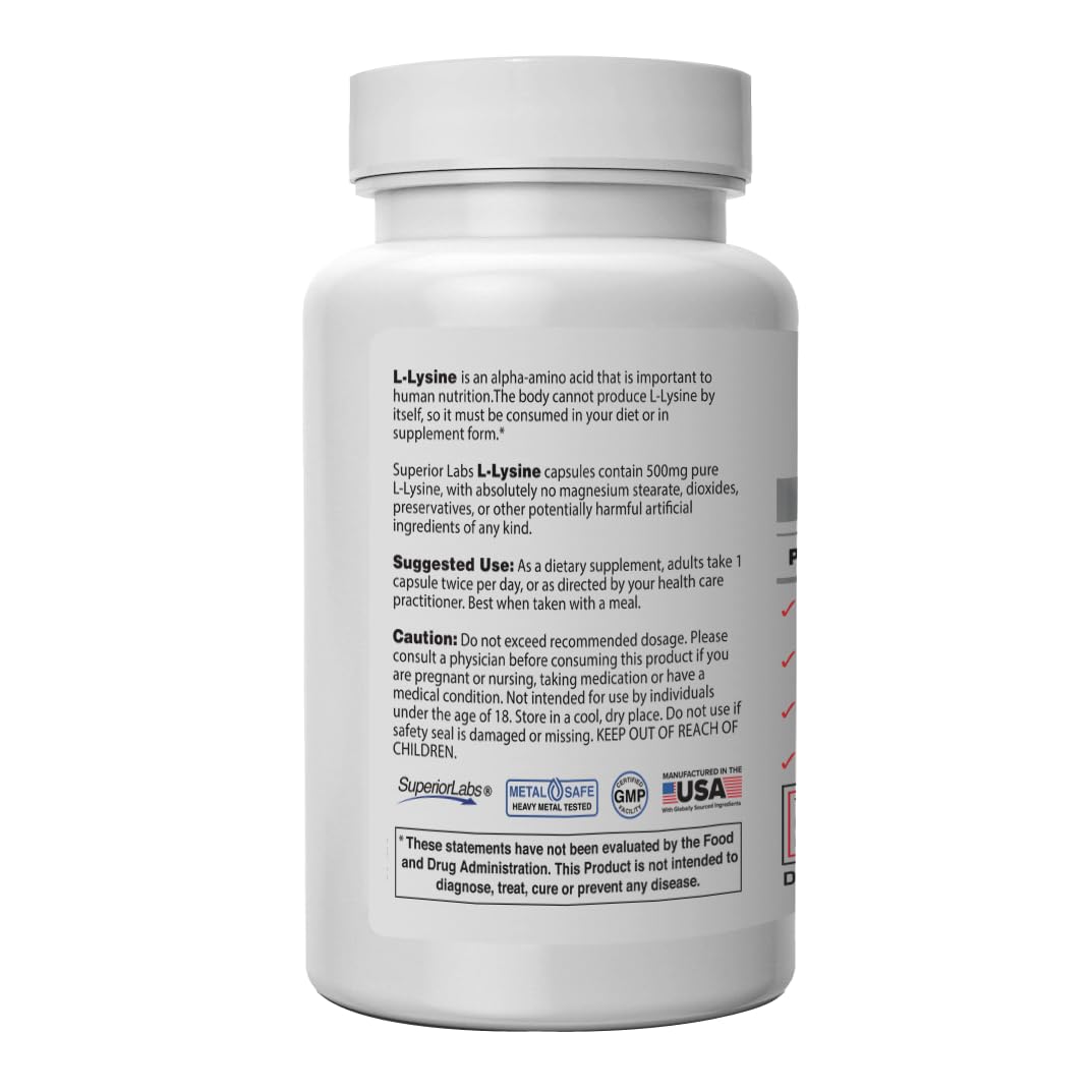 Superior Labs L-Lysine capsules being poured for daily immune and muscle support.