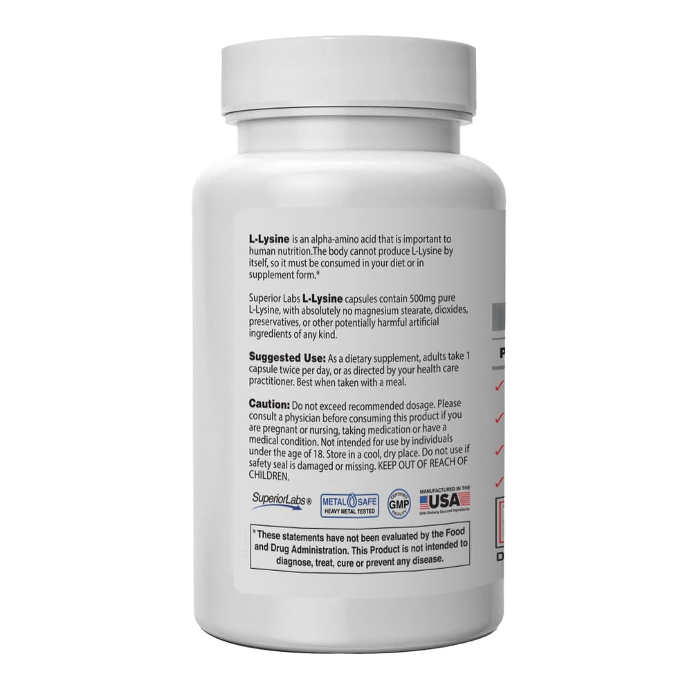 Superior Labs L-Lysine capsules being poured for daily immune and muscle support.
