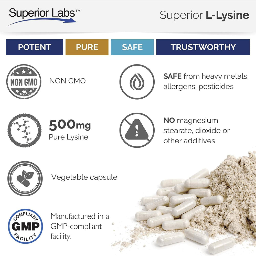 Superior Labs L-Lysine sealed bottle ready for daily use.