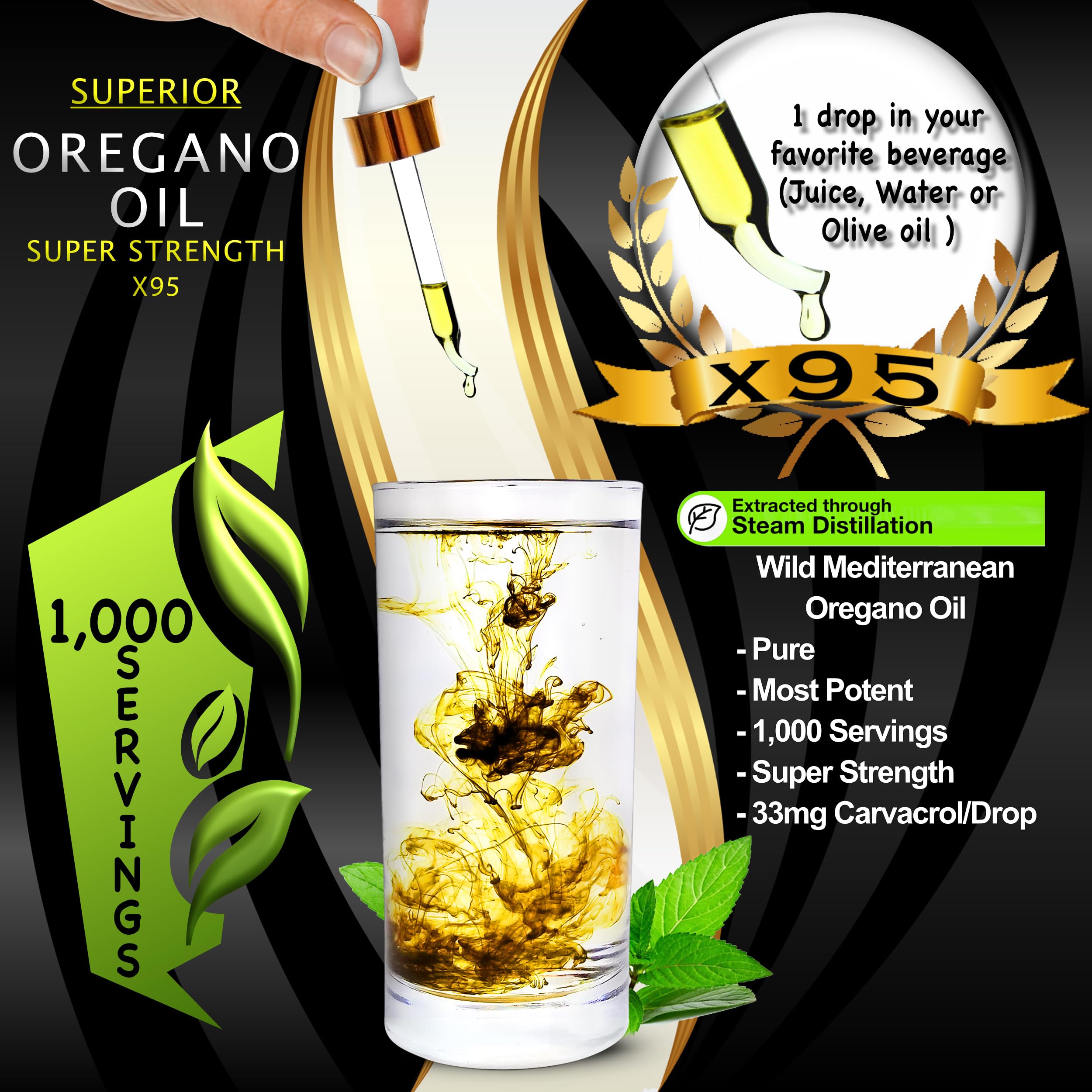 Superior Oregano Oil X95 bottle with dropper ready for precise servings.