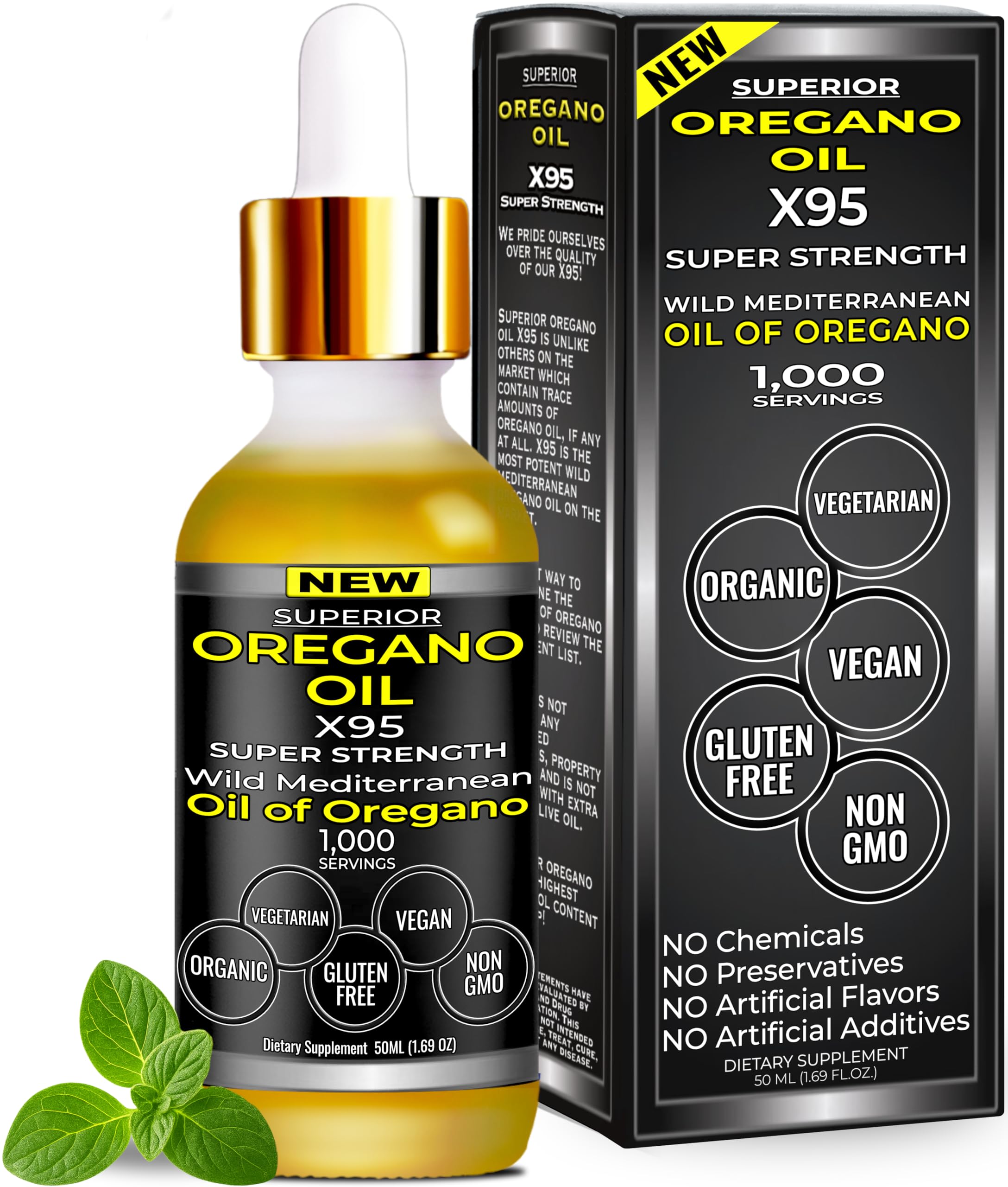 Superior Oregano Oil X95 bottle front view highlighting high carvacrol potency for bold flavor.
