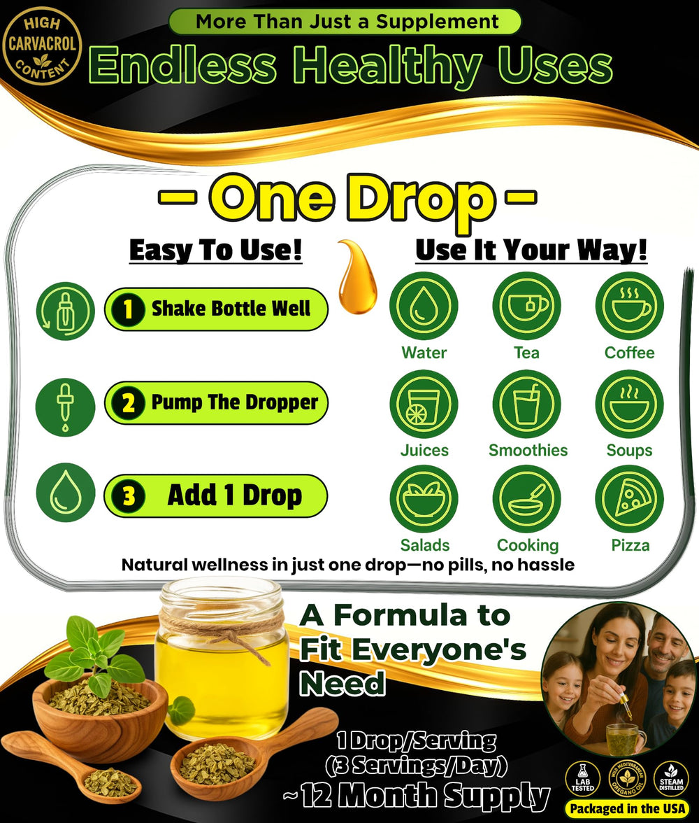 Superior Oregano Oil X95 ingredients label indicating organic, non‑GMO composition.