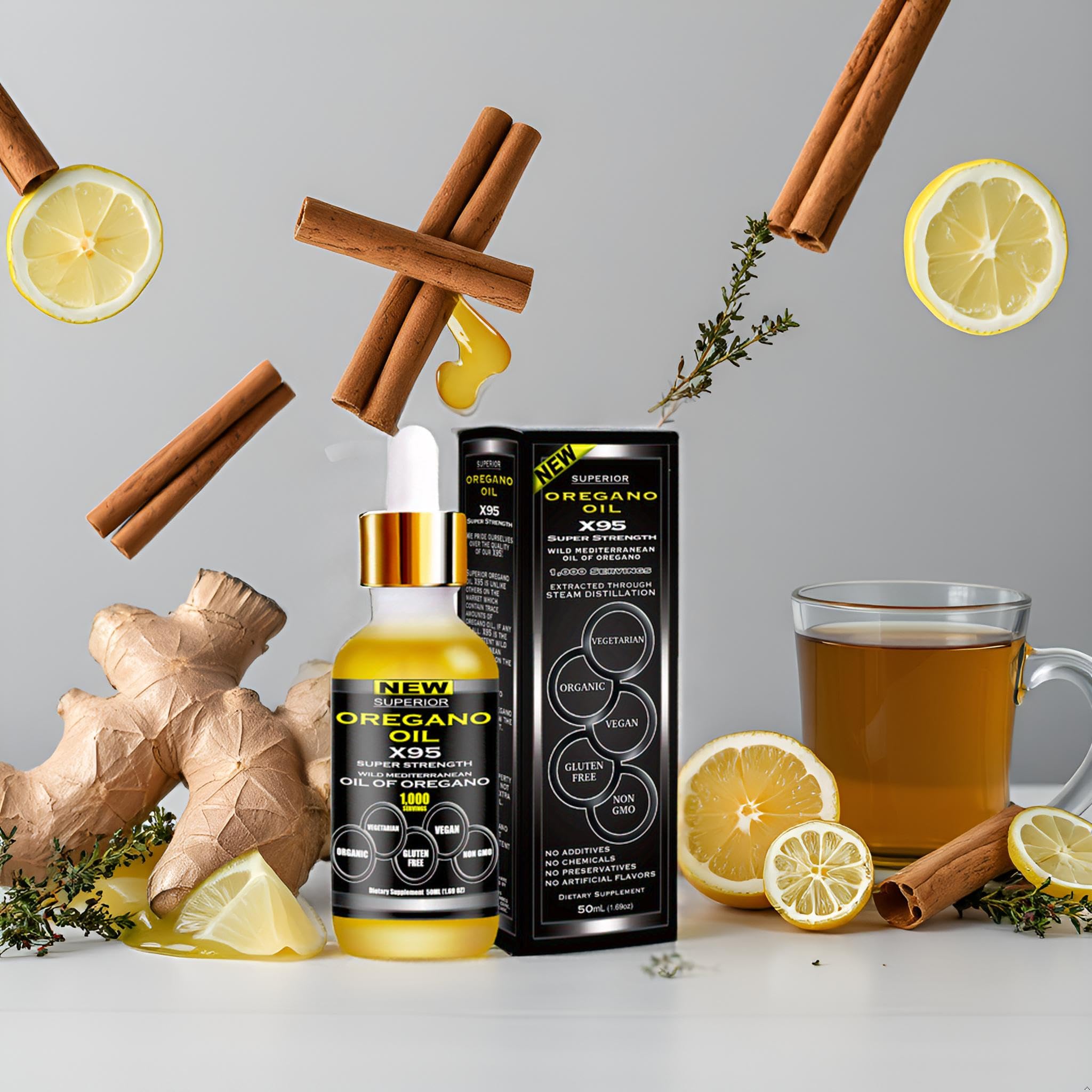 Superior Oregano Oil X95 Mediterranean origins bottle photographed in natural light.