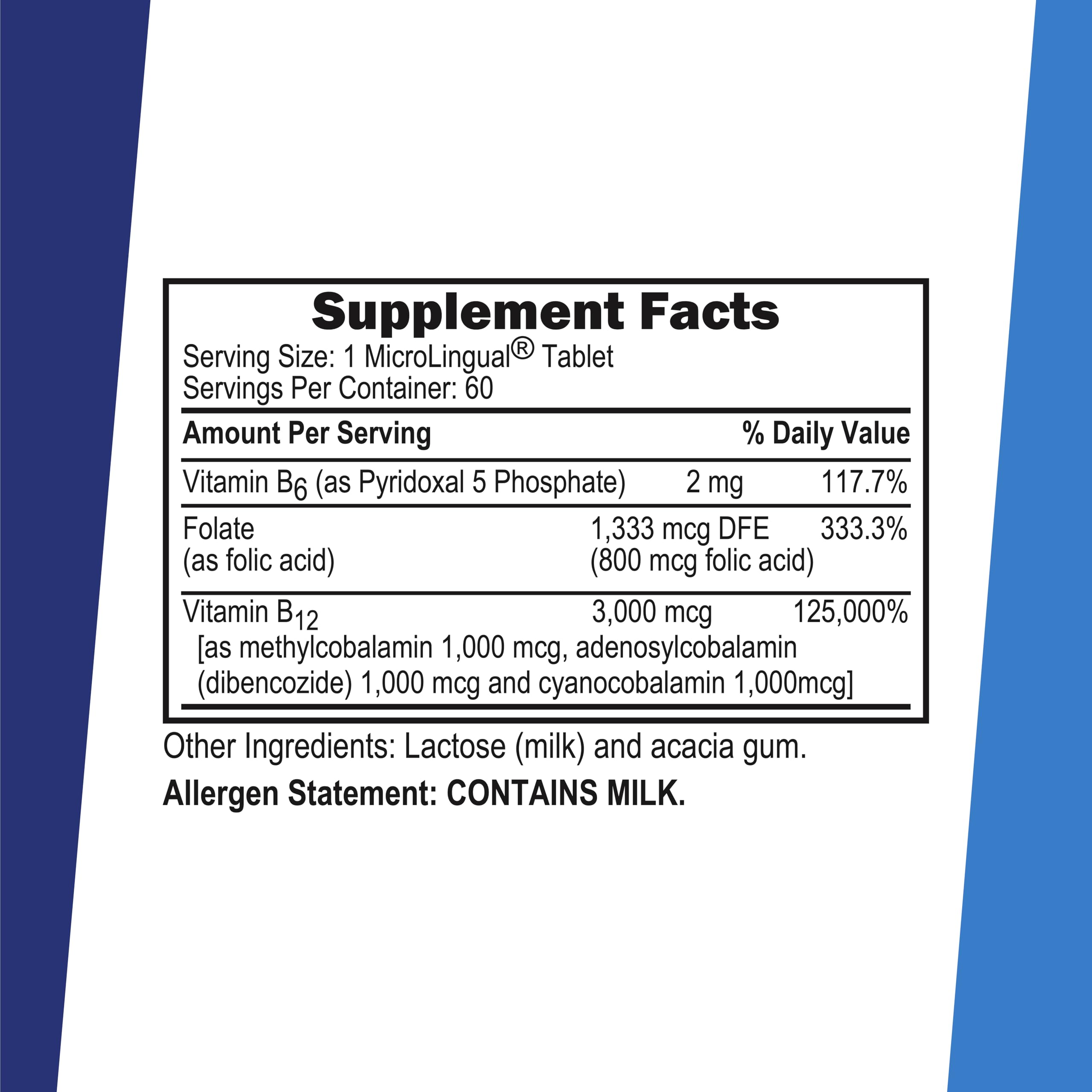 Label highlights B12, B6 and folic acid for balanced nutrition.