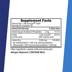 Label highlights B12, B6 and folic acid for balanced nutrition.