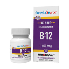 Superior Source B-12 tablets in bottle support daily energy and routine.