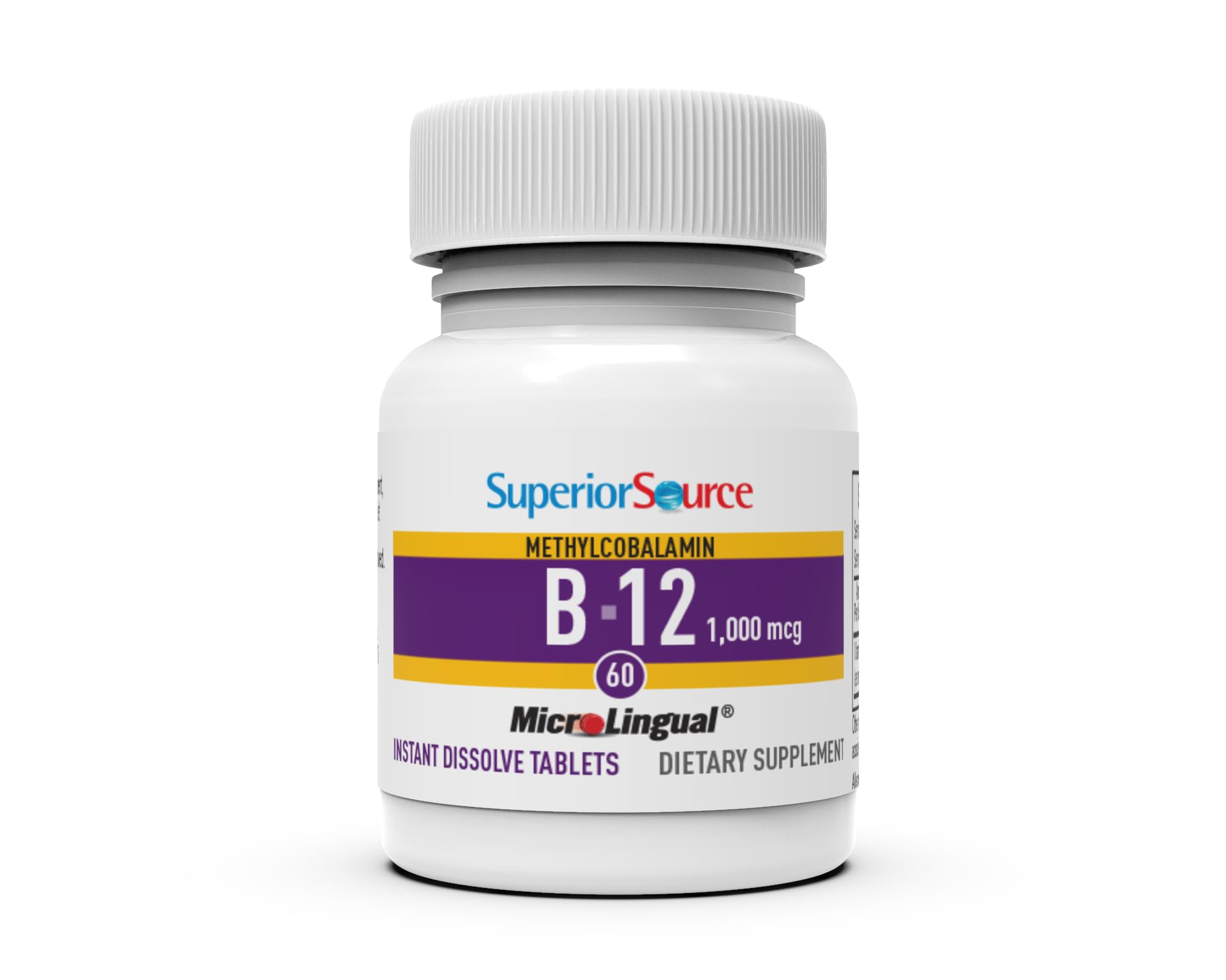 Superior Source B-12 tablet bottle closeup showing purity and compact packaging.