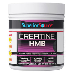 Superior Source Creatine HMB bottle label highlights a clean, dye-free formula.