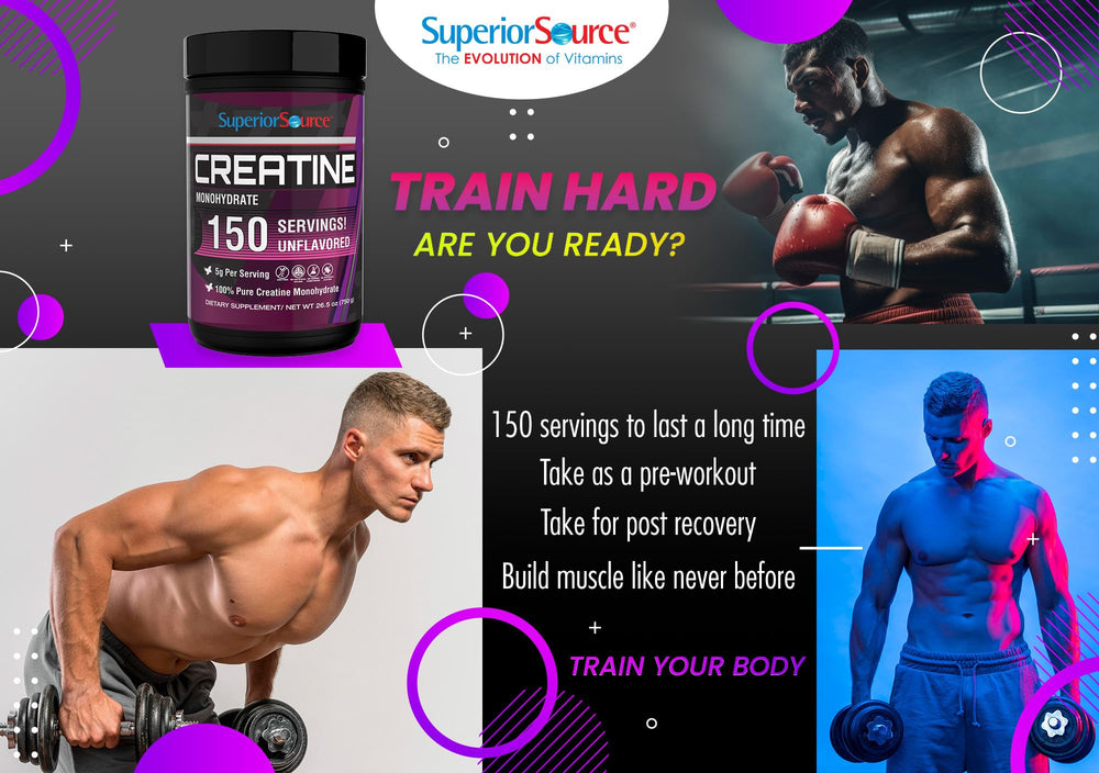 GMP-certified label beside Superior Source Creatine Monohydrate container.