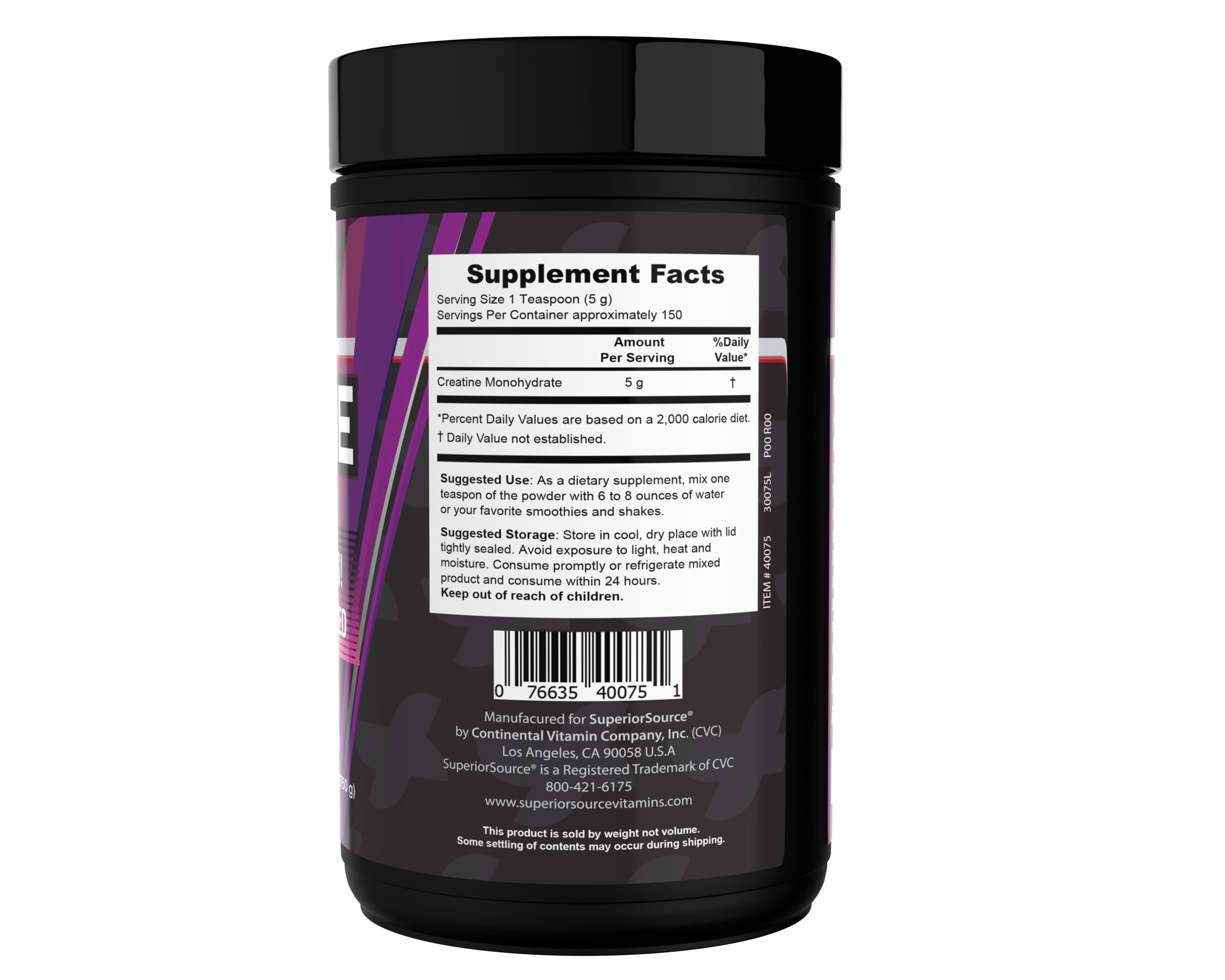 Superior Source Creatine Monohydrate label close-up showing purity.