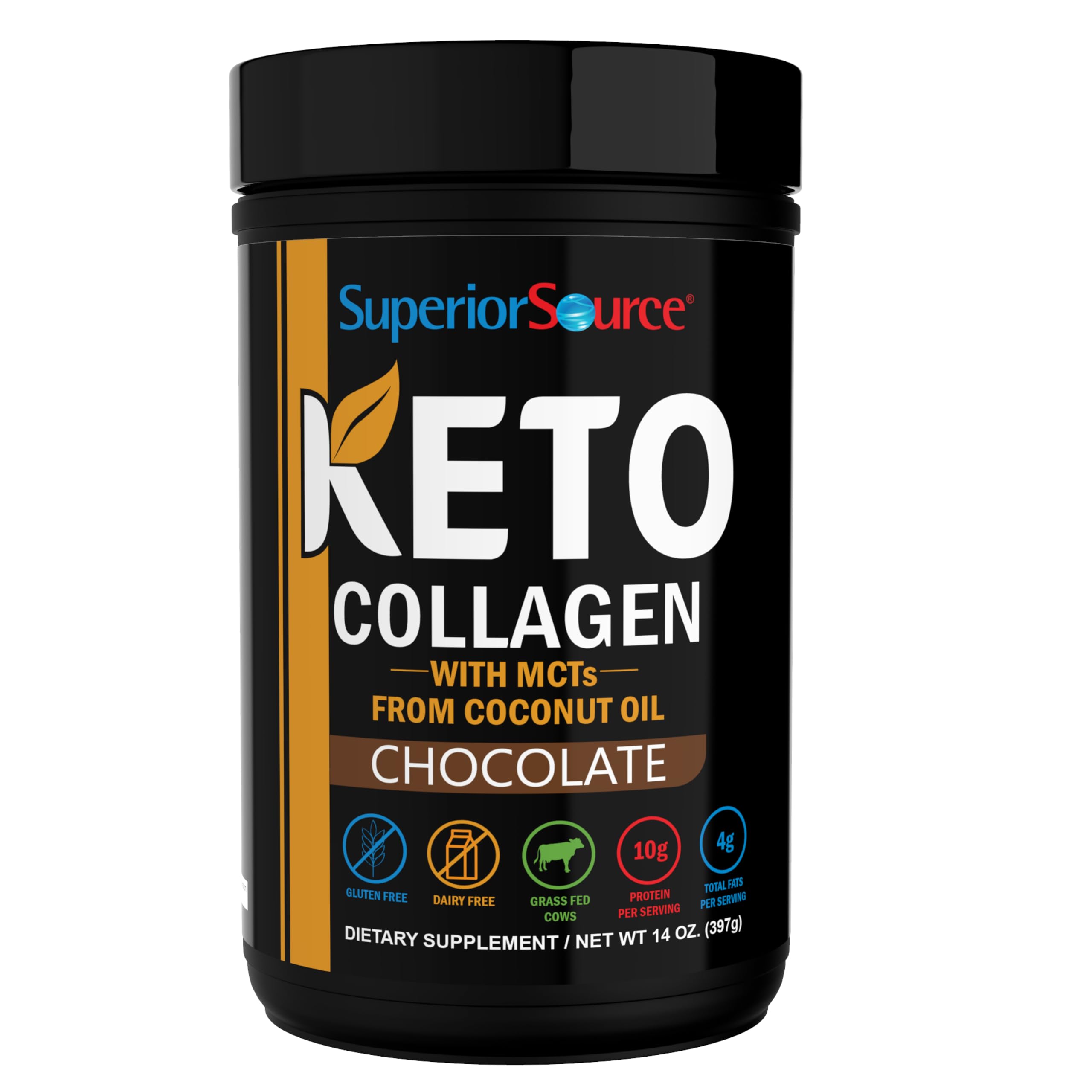Superior Source Keto Collagen chocolate tub for daily keto-friendly protein boost in coffee